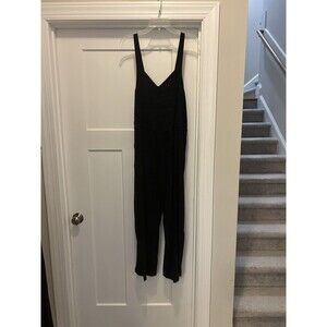 Women's Black V Neck Jumpsuit Size Large Wide Leg Adjustable Minimalist City